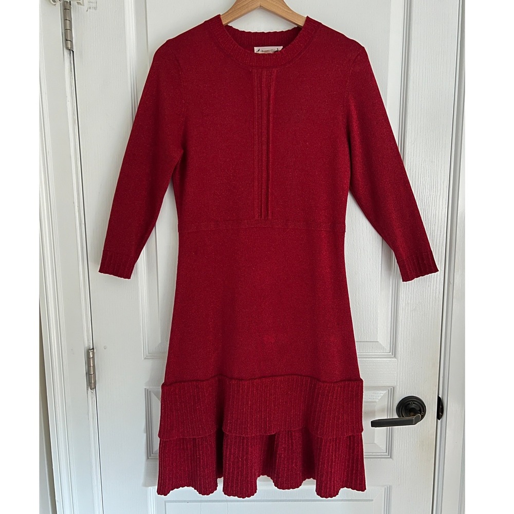 Nanette Lepore Sweater Dress Womens Red Metallic Tiered Ruffle Knit Large Holdy